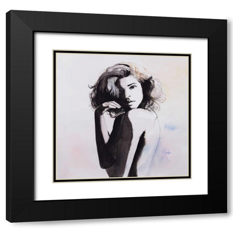 Watercolor Beautiful Young Woman Black Modern Wood Framed Art Print with Double Matting by Atelier B Art Studio