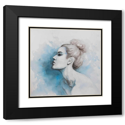 Watercolor Abstract Girl Profile View Black Modern Wood Framed Art Print with Double Matting by Atelier B Art Studio