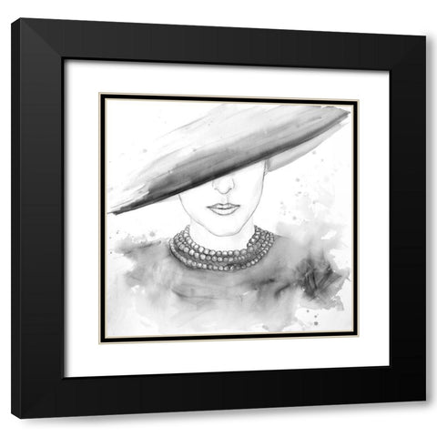 MYSTERIOUS LADY WITH A HAT SKETCH Black Modern Wood Framed Art Print with Double Matting by Atelier B Art Studio