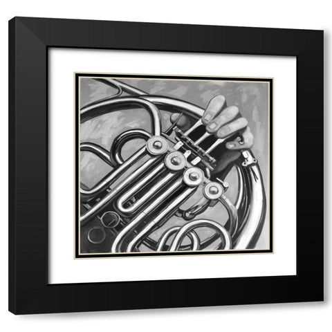 Musician with frech horn monochrome Black Modern Wood Framed Art Print with Double Matting by Atelier B Art Studio