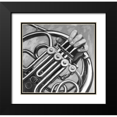 Musician with frech horn monochrome Black Modern Wood Framed Art Print with Double Matting by Atelier B Art Studio