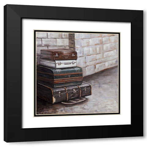 Four Old Traveling Suitcases Black Modern Wood Framed Art Print with Double Matting by Atelier B Art Studio