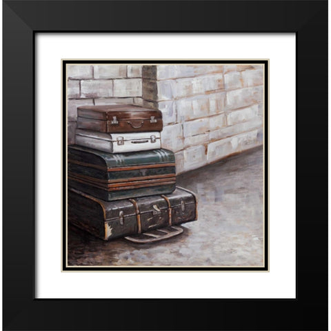 Four Old Traveling Suitcases Black Modern Wood Framed Art Print with Double Matting by Atelier B Art Studio