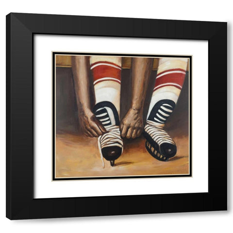 Hockey Player ties his Skates Black Modern Wood Framed Art Print with Double Matting by Atelier B Art Studio