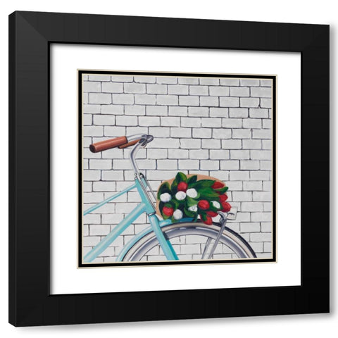 Bicycle with a Bouquet of Tulips Black Modern Wood Framed Art Print with Double Matting by Atelier B Art Studio