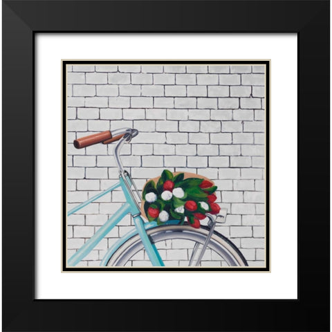 Bicycle with a Bouquet of Tulips Black Modern Wood Framed Art Print with Double Matting by Atelier B Art Studio