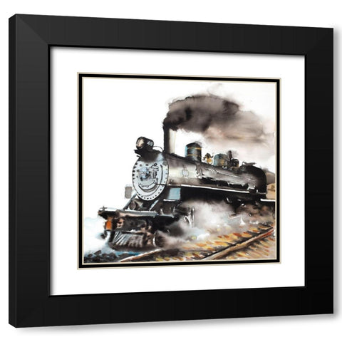 VINTAGE STEAM TRAIN Black Modern Wood Framed Art Print with Double Matting by Atelier B Art Studio