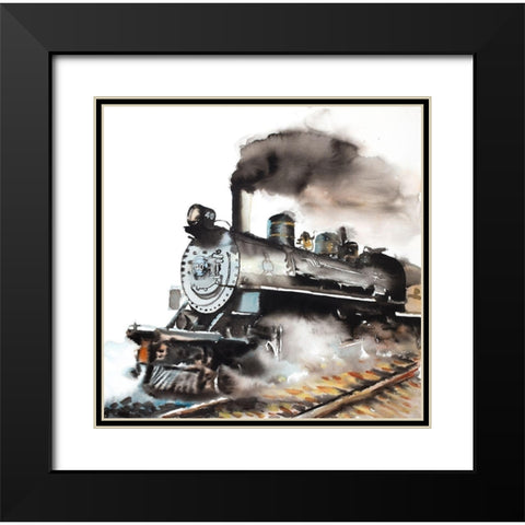 VINTAGE STEAM TRAIN Black Modern Wood Framed Art Print with Double Matting by Atelier B Art Studio