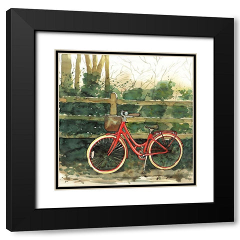 RIDING IN THE WOODS BY BICYCLE Black Modern Wood Framed Art Print with Double Matting by Atelier B Art Studio