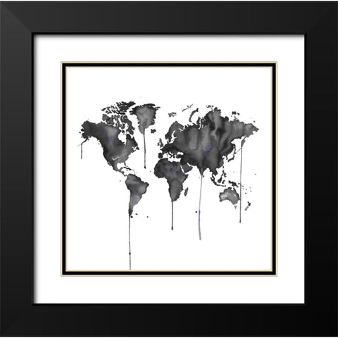 WATERCOLOR WORLD MAP Black Modern Wood Framed Art Print with Double Matting by Atelier B Art Studio