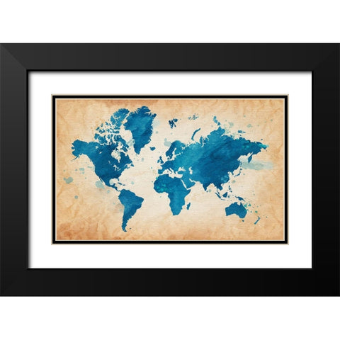 Illustrative World Map Black Modern Wood Framed Art Print with Double Matting by Leyasw