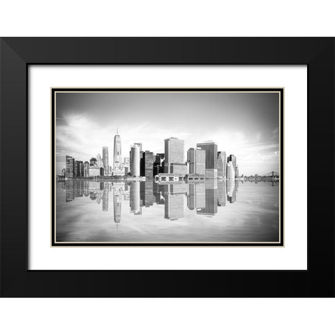 New York Downtown Cityscape Black Modern Wood Framed Art Print with Double Matting by Anon.