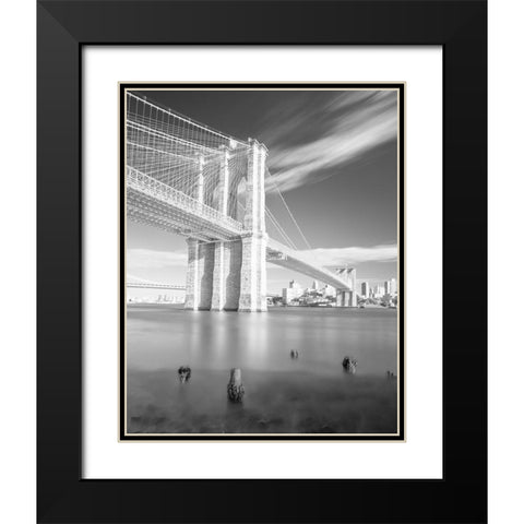 Brooklyn Bridge Black and White Black Modern Wood Framed Art Print with Double Matting by Masik, Marek