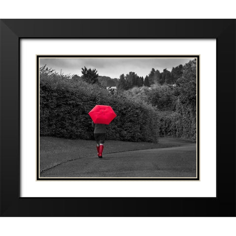 Red Boots and Umbrella Black Modern Wood Framed Art Print with Double Matting by Anonymous
