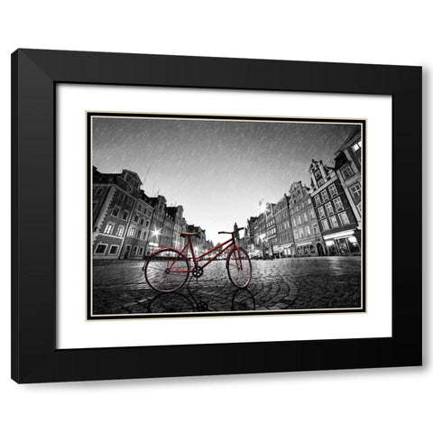 Red Bike on Cobble Stone Street Black Modern Wood Framed Art Print with Double Matting by Bednarek, M.