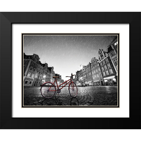Red Bike on Cobble Stone Street Black Modern Wood Framed Art Print with Double Matting by Bednarek, M.