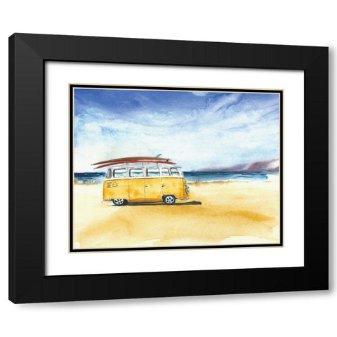 Yellow Minivan with Surfboards Black Modern Wood Framed Art Print with Double Matting by Anonymous