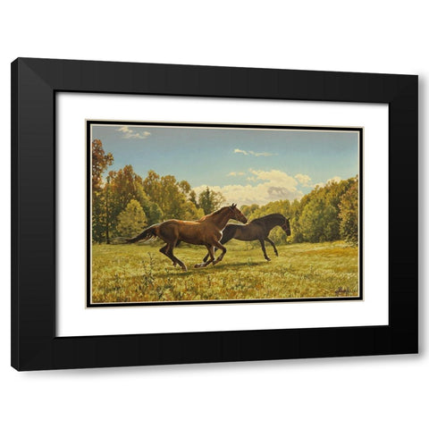Running Horses II Black Modern Wood Framed Art Print with Double Matting by Adamov, Alexey