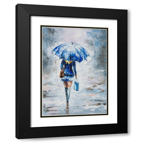 Lady in Blue with Umbrella Black Modern Wood Framed Art Print with Double Matting by Kowalik, Jolanta