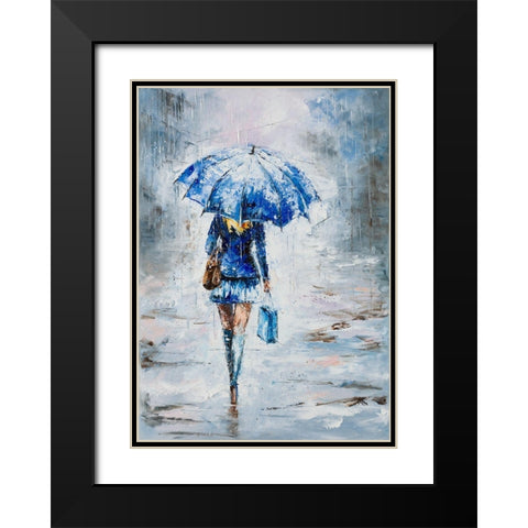 Lady in Blue with Umbrella Black Modern Wood Framed Art Print with Double Matting by Kowalik, Jolanta