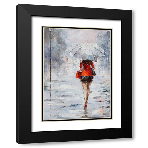 Lady in Red with Umbrella Black Modern Wood Framed Art Print with Double Matting by Kowalik, Jolanta