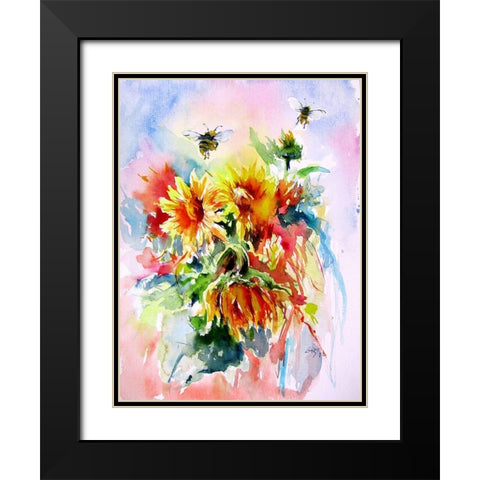 Sunflowers with Bees Black Modern Wood Framed Art Print with Double Matting by Kovacs, Anna Brigite