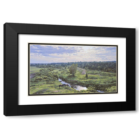 Landscape with River Black Modern Wood Framed Art Print with Double Matting by Adamov, Alexey