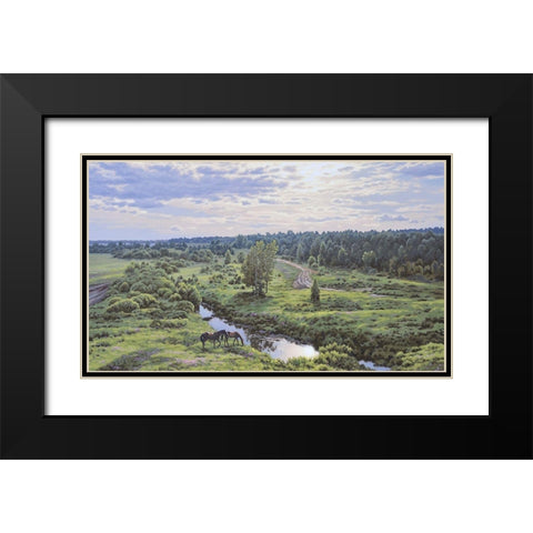 Landscape with River Black Modern Wood Framed Art Print with Double Matting by Adamov, Alexey