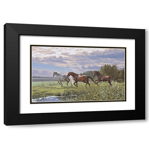 Three Running Horses Black Modern Wood Framed Art Print with Double Matting by Adamov, Alexey