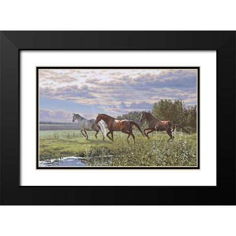 Three Running Horses Black Modern Wood Framed Art Print with Double Matting by Adamov, Alexey