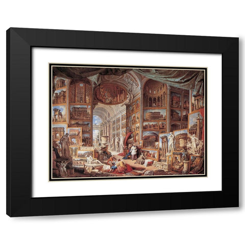 Vedute di Roma antica Black Modern Wood Framed Art Print with Double Matting by Panini, Giovanni Paolo