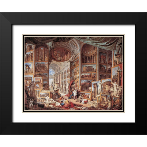 Vedute di Roma antica Black Modern Wood Framed Art Print with Double Matting by Panini, Giovanni Paolo