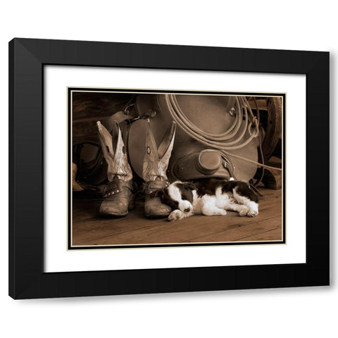Cowboy Puppy Black Modern Wood Framed Art Print with Double Matting by Dawson, Robert