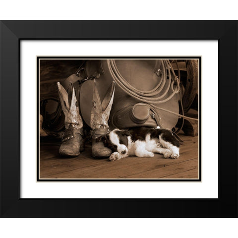 Cowboy Puppy Black Modern Wood Framed Art Print with Double Matting by Dawson, Robert