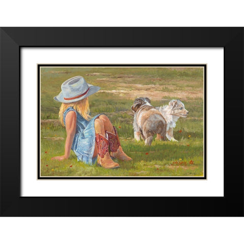 Red Boots and Puppies Black Modern Wood Framed Art Print with Double Matting by Dudley, June