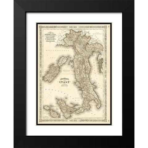 1866 Johnson Map of Italy Antiqued Black Modern Wood Framed Art Print with Double Matting by Johnson