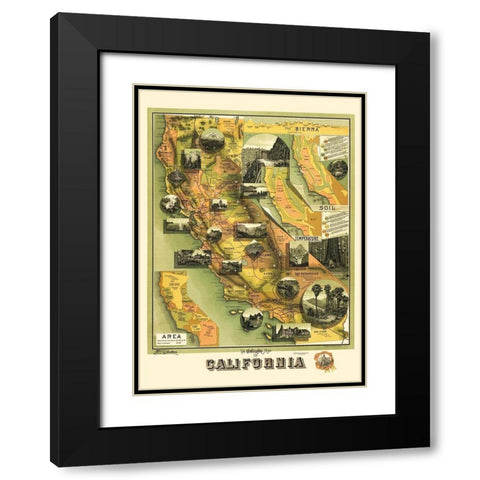 California Illustrated Map - Jones 1898 Black Modern Wood Framed Art Print with Double Matting by Jones