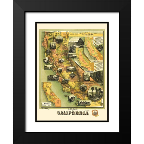 California Illustrated Map - Jones 1898 Black Modern Wood Framed Art Print with Double Matting by Jones