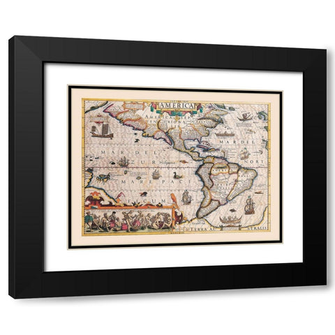 America - Hondius 1607 Black Modern Wood Framed Art Print with Double Matting by Hondius