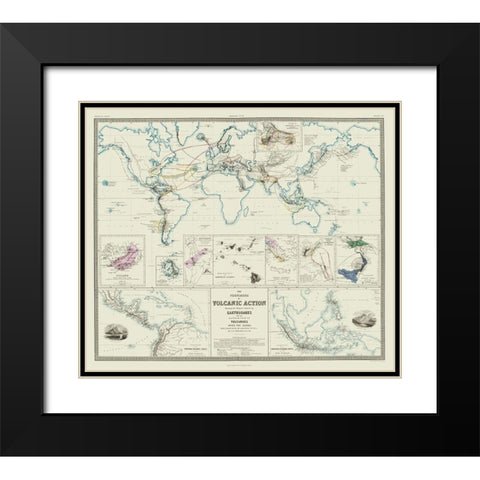 Global Volcanic Action Earthquakes - Johnston 1854 Black Modern Wood Framed Art Print with Double Matting by Johnston