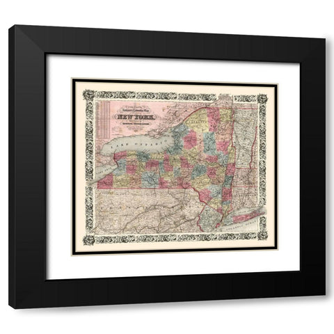 New York Railroads- Colton 1852 Black Modern Wood Framed Art Print with Double Matting by Colton