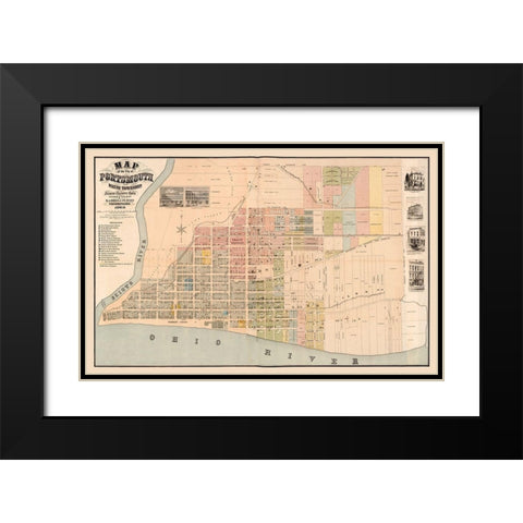 Portsmouth Ohio -Evans 1868 Black Modern Wood Framed Art Print with Double Matting by Evans