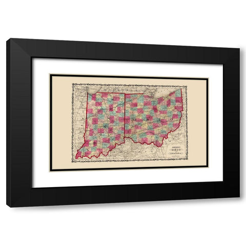 Ohio, Indiana - Johnson 1860 Black Modern Wood Framed Art Print with Double Matting by Johnson