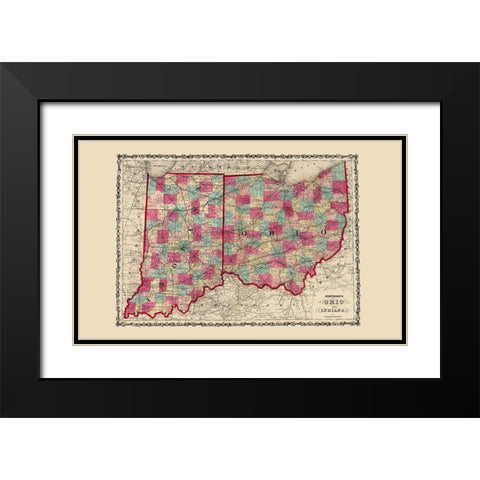 Ohio, Indiana - Johnson 1860 Black Modern Wood Framed Art Print with Double Matting by Johnson