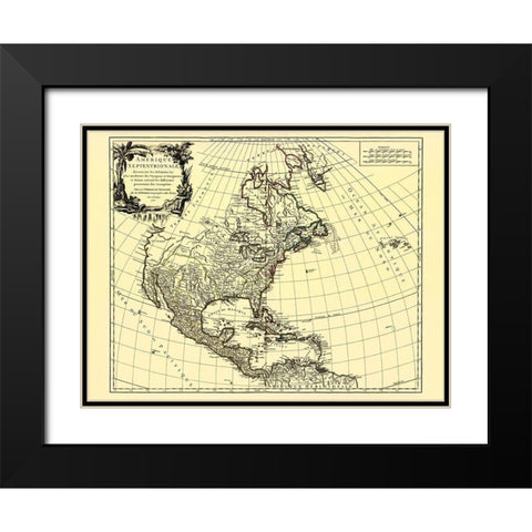 European Possessions North America - Vaugondy 1750 Black Modern Wood Framed Art Print with Double Matting by Vaugondy