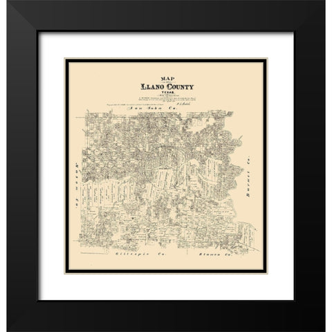 Llano County Texas - Walsh 1879 Black Modern Wood Framed Art Print with Double Matting by Walsh