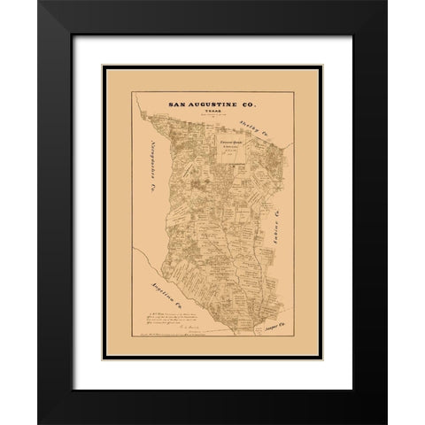 San Augustine County Texas - Walsh 1879 Black Modern Wood Framed Art Print with Double Matting by Walsh