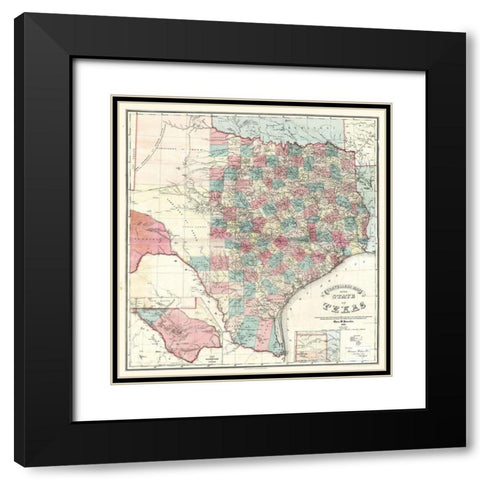 Travellers Map Texas - Pressler 1867 Black Modern Wood Framed Art Print with Double Matting by Pressler