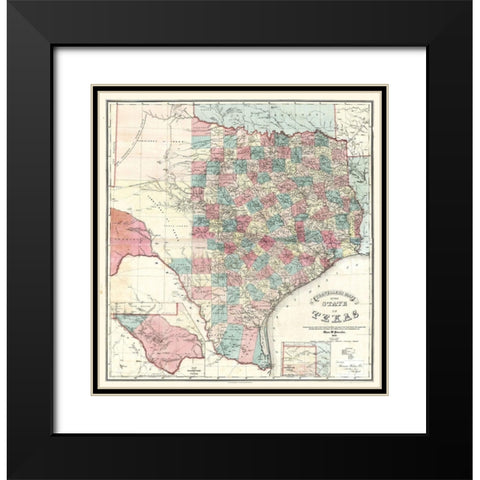 Travellers Map Texas - Pressler 1867 Black Modern Wood Framed Art Print with Double Matting by Pressler