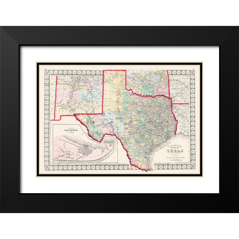 Texas - Augustus Mitchell 1874 Black Modern Wood Framed Art Print with Double Matting by Mitchell